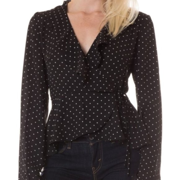 BLACK POLKA-DOT WRAP TOP - Picture 1 of 1